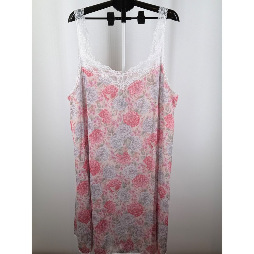 Vintage‎ Floral Lace Trim Nightgown Pink Purple Rose Print Nylon Chemise 3XL USA